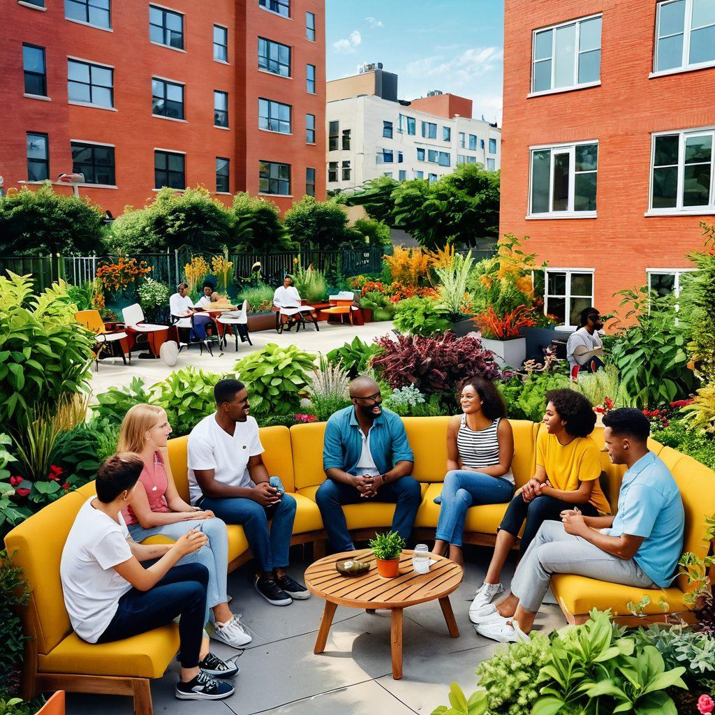 An inviting urban apartment setting with diverse residents interacting in a communal garden, showcasing renters sharing tips and experiences. Include vibrant plants, cozy seating arrangements, and cheerful expressions on people's faces. Add city buildings in the background to emphasize the community aspect. warm colors. illustration. vibrant colors.
