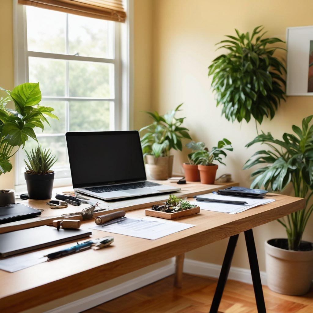 A cozy living room with tools and materials for home improvement scattered around, contrasting with a sleek desk featuring lease agreements and a laptop. Include a warm, inviting atmosphere with a window showing a sunny day and plants for a homely touch. Emphasize the blend of DIY projects and smart financial management in rental living. soft focus, vibrant colors, homey style.