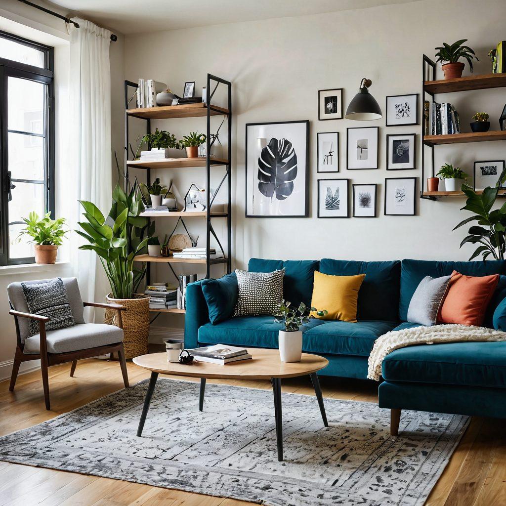 A cozy and stylish apartment interior showcasing modern decor, indicative of trendy rental properties. Include elements like vibrant houseplants, a well-organized bookshelf, and a comfortable seating area with soft lighting. Add subtle hints of lifestyle elements like coffee mugs and magazines on a table. This scene should evoke warmth, comfort, and inspiration for apartment living. super-realistic. vibrant colors. modern design.